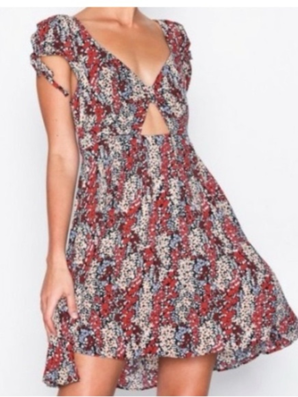 Free People Floral Tie-Front Mini Dress in Red Size XS boho